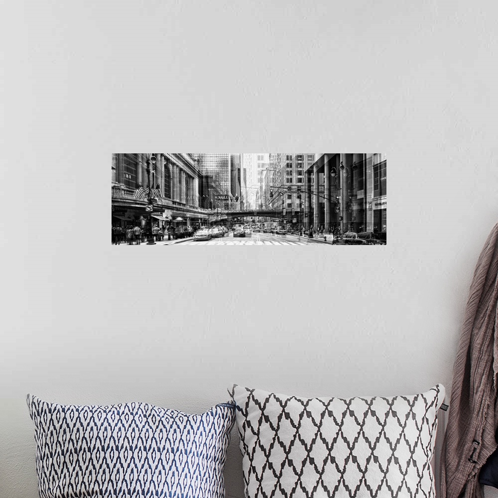 A bohemian room featuring Black and white photo of a busy street in New York City, with a layered effect creating a feeling...