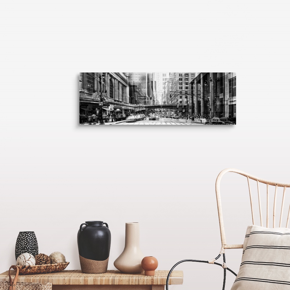 A farmhouse room featuring Black and white photo of a busy street in New York City, with a layered effect creating a feeling...