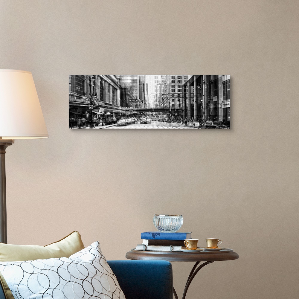 A traditional room featuring Black and white photo of a busy street in New York City, with a layered effect creating a feeling...