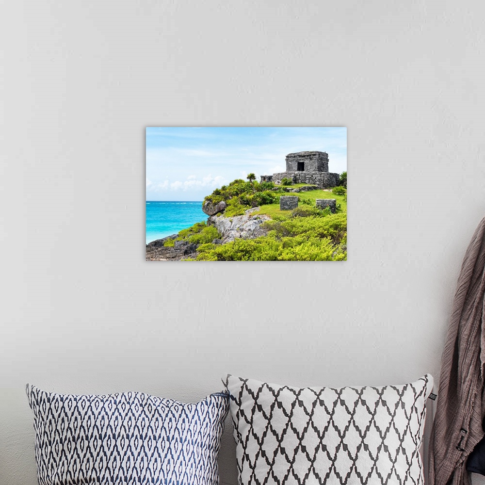 A bohemian room featuring Photograph of the Tulum Ancient Mayan fortress in Riviera Maya, Mexico, overlooking the Caribbean...