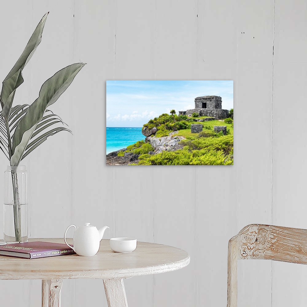 A farmhouse room featuring Photograph of the Tulum Ancient Mayan fortress in Riviera Maya, Mexico, overlooking the Caribbean...
