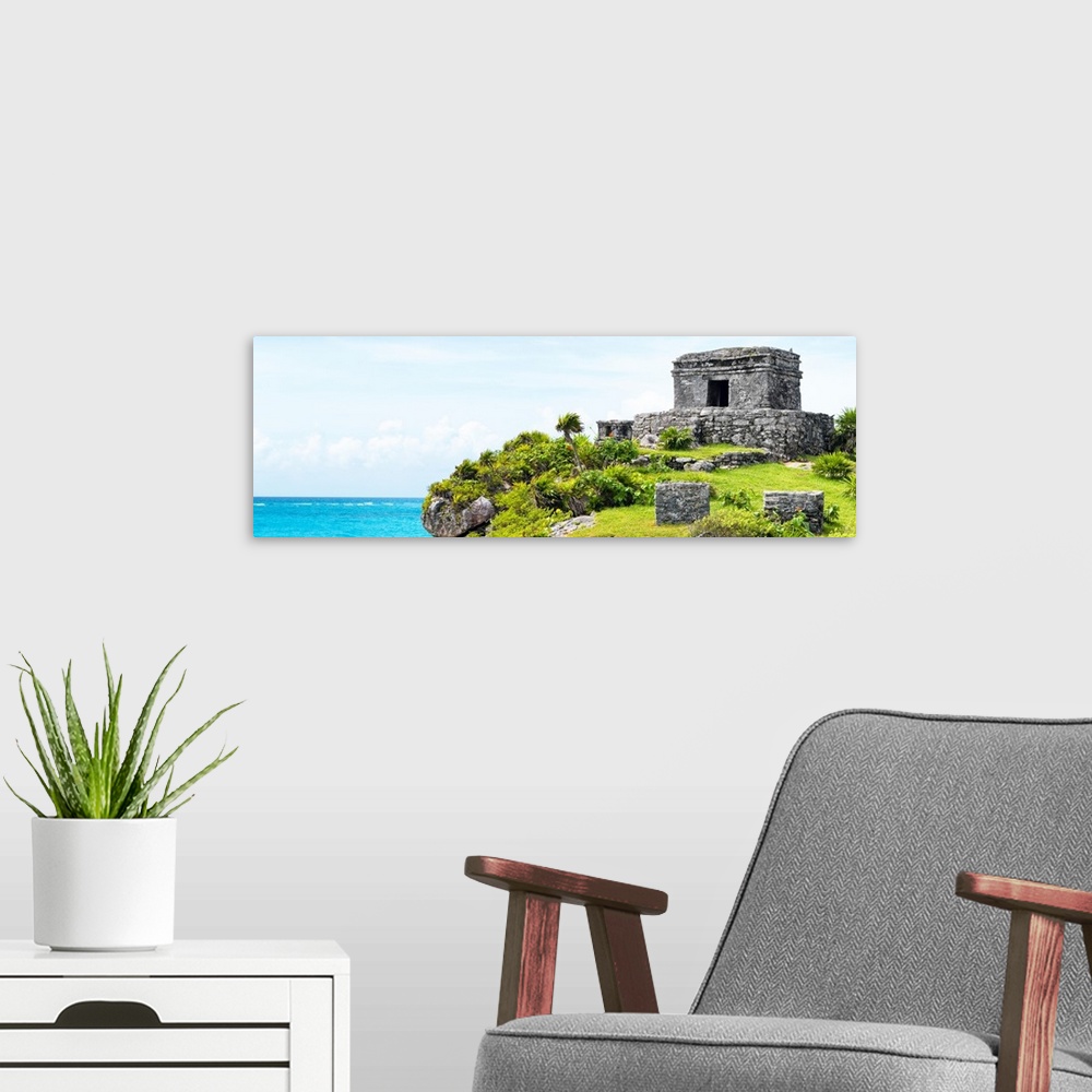 A modern room featuring Panoramic photograph a ancient Mayan ruins in Tulum, Mexico, right on the Riviera Maya, overlooki...
