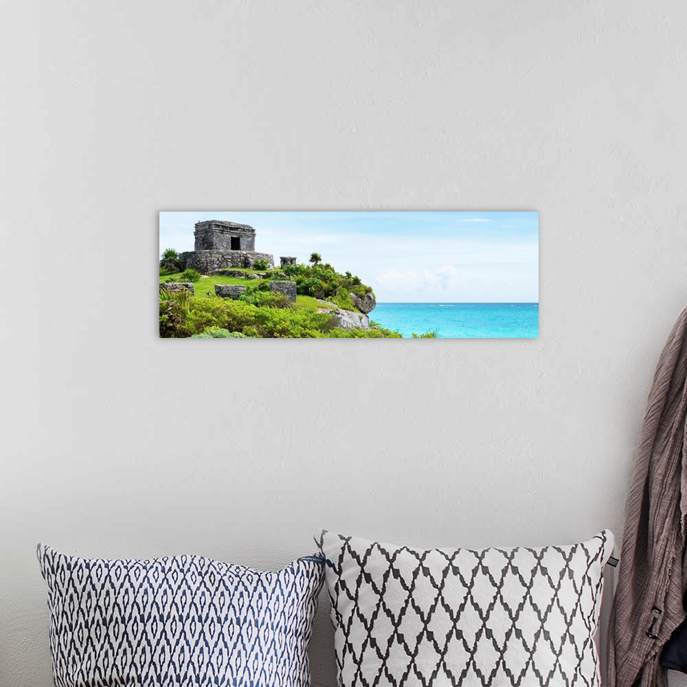 A bohemian room featuring Panoramic photograph a ancient Mayan ruins in Tulum, Mexico, right on the Riviera Maya, overlooki...