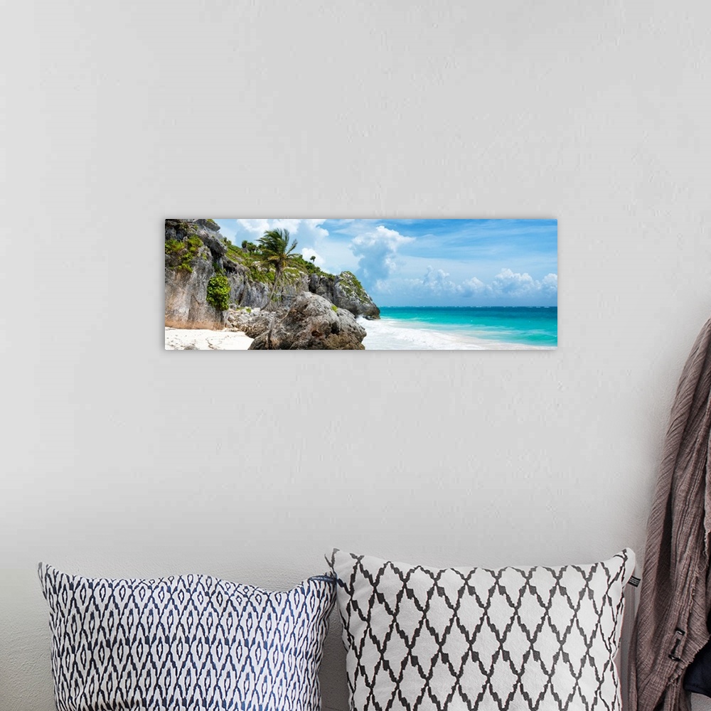 A bohemian room featuring Panoramic photograph of a rocky Caribbean beach shore in Tulum, Mexico. From the Viva Mexico Pano...