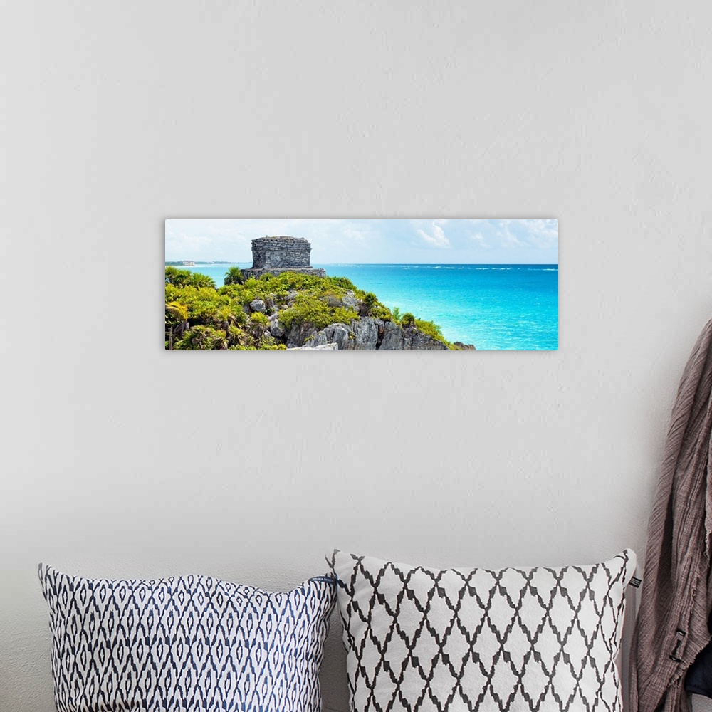 A bohemian room featuring Panoramic photo of ancien Mayan ruins in Tulum, Mexico, overlooking the clear blue Caribbean ocea...
