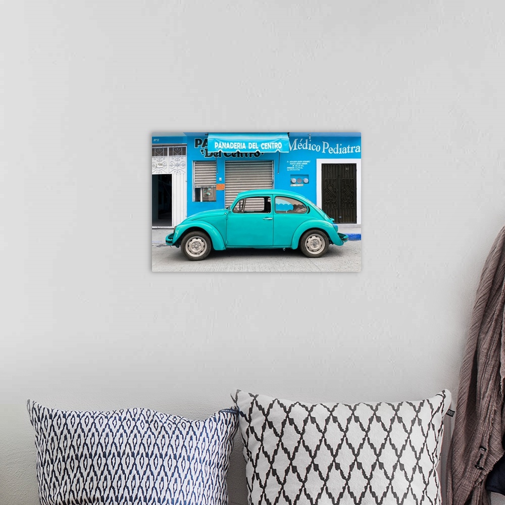 A bohemian room featuring Photograph of a turquoise Volkswagen Beetle parked in front of a blue building. From the Viva Mex...