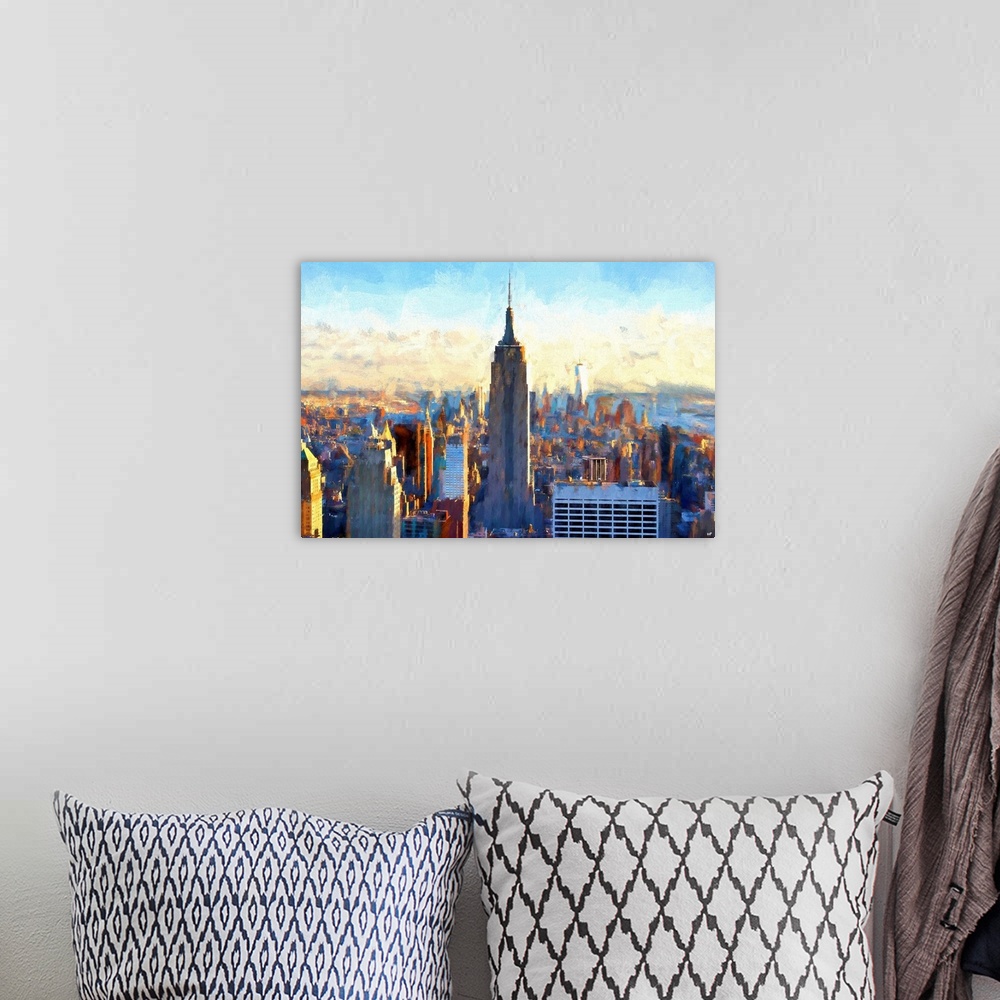 A bohemian room featuring Artistic painterly photograph of the Empire State building in Manhattan, New York city.