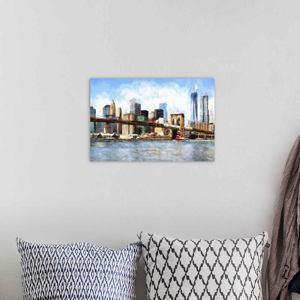 A bohemian room featuring Photograph with a painterly effect of Manhattan, New York city.