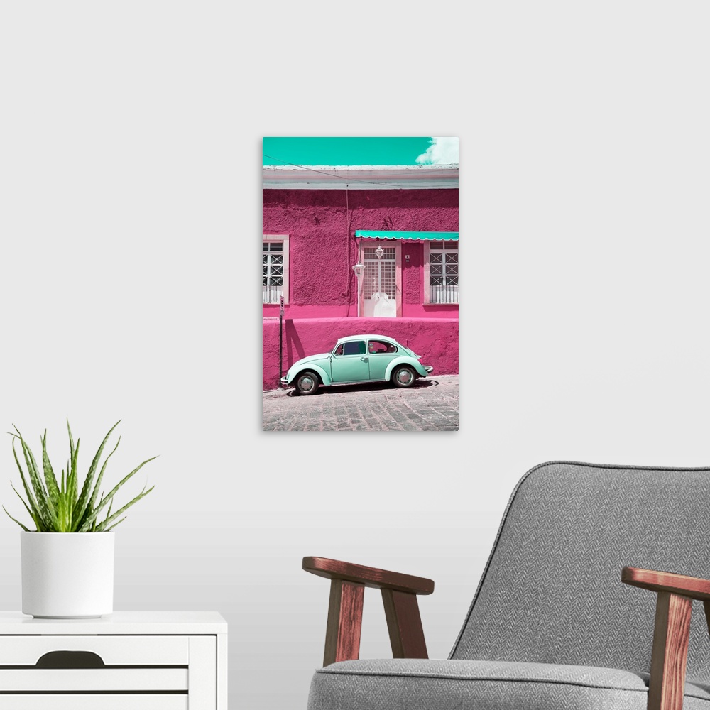 A modern room featuring Photograph of a classic Volkswagen Beetle in front of a pink and teal building. From the Viva Mex...