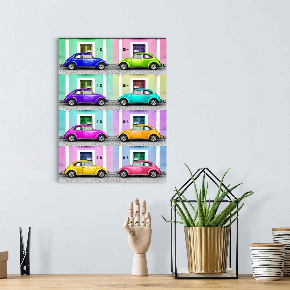 A bohemian room featuring Octaptych photograph of different brightly colored classic Volkswagen Beetles in front of vibrant...
