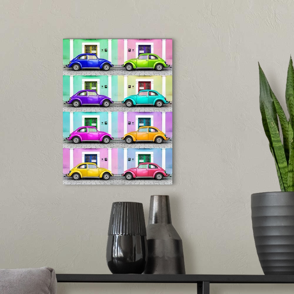 A modern room featuring Octaptych photograph of different brightly colored classic Volkswagen Beetles in front of vibrant...