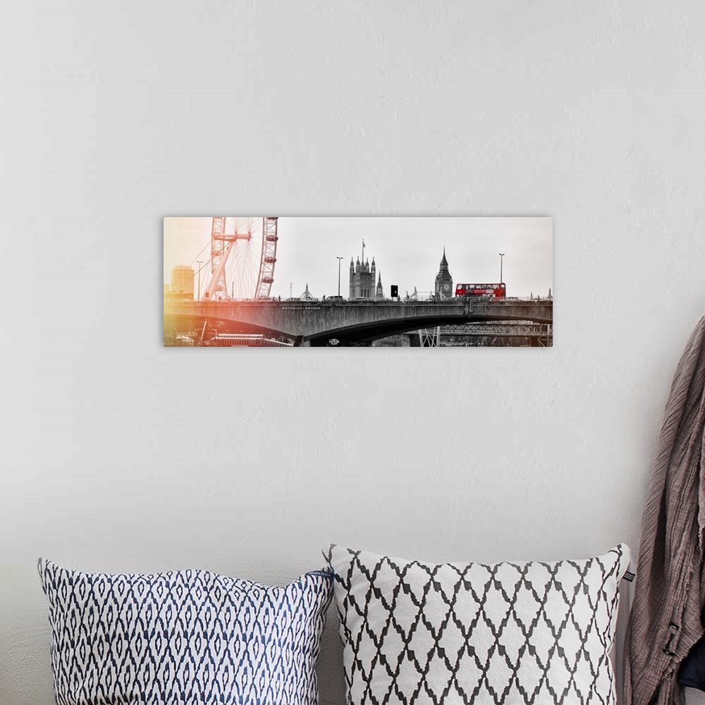 A bohemian room featuring Panoramic image featuring London landmarks, including the Waterloo Bridge, Big Ben Clock Tower, a...