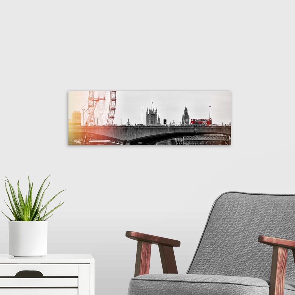 A modern room featuring Panoramic image featuring London landmarks, including the Waterloo Bridge, Big Ben Clock Tower, a...