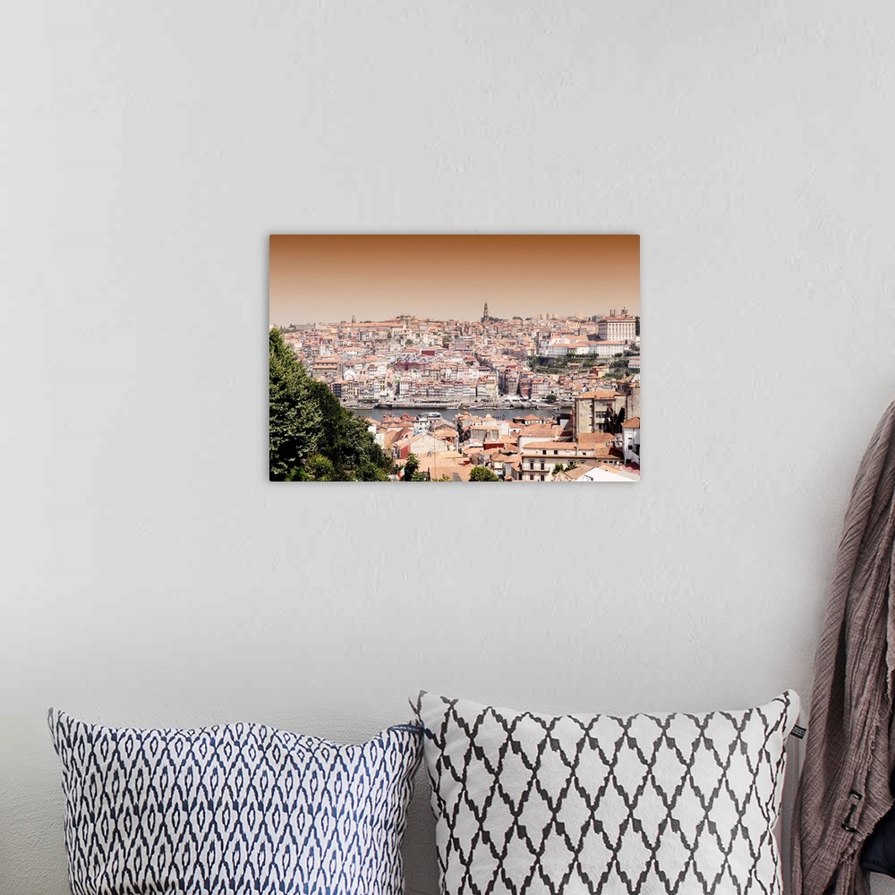 A bohemian room featuring It's a landscape picture of the city of Porto (Portugal) at sunset along the Douro River and the ...