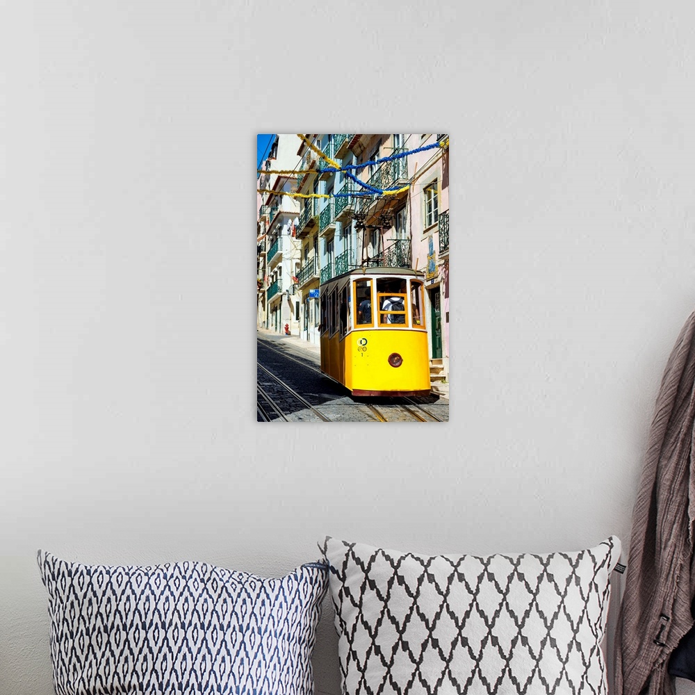A bohemian room featuring It's a photo of the street Da Bica with the funicular of Bica in the district of Bairro Alto, the...
