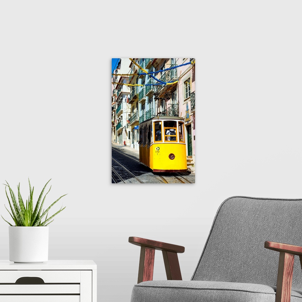 A modern room featuring It's a photo of the street Da Bica with the funicular of Bica in the district of Bairro Alto, the...