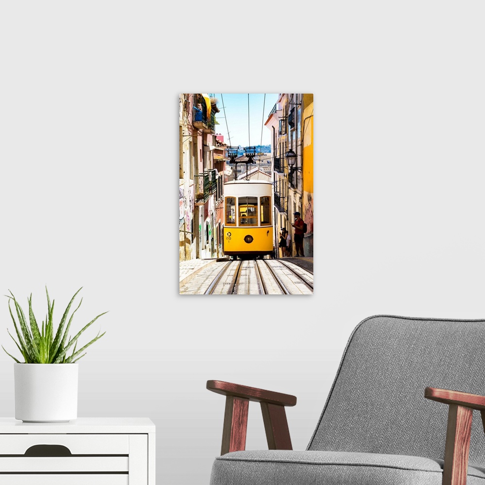 A modern room featuring It's a view of the street Da Bica with the funicular of Bica in the district of Bairro Alto, the ...