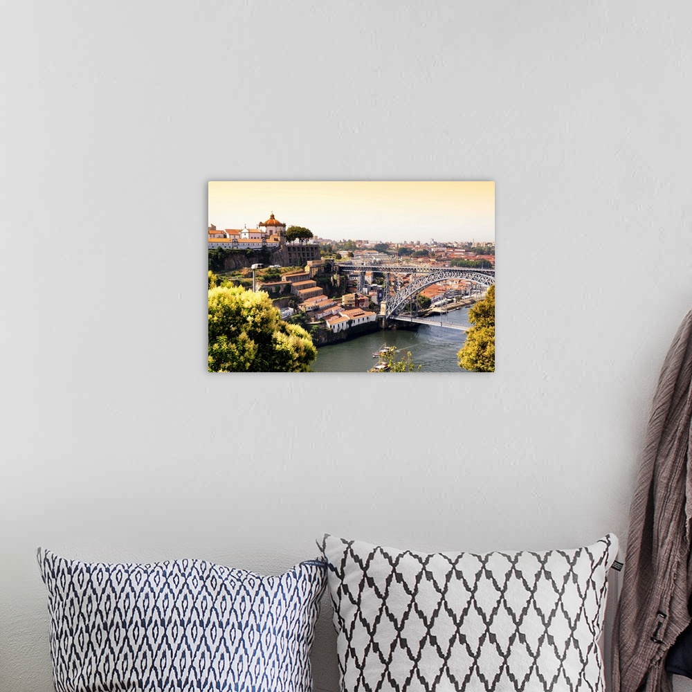 A bohemian room featuring It's a landscape picture of the city of Porto (Portugal) at sunset, with the Douro River and the ...