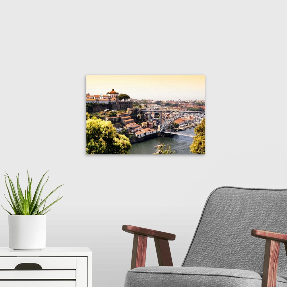 A modern room featuring It's a landscape picture of the city of Porto (Portugal) at sunset, with the Douro River and the ...
