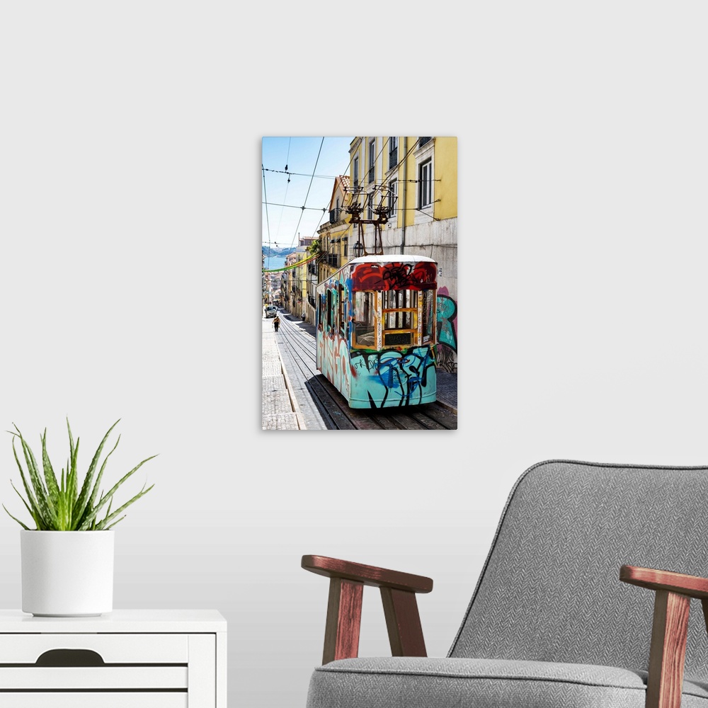 A modern room featuring It's the funicular of Bica with graffiti in the street Da Bica in Lisbon with colourful facades i...