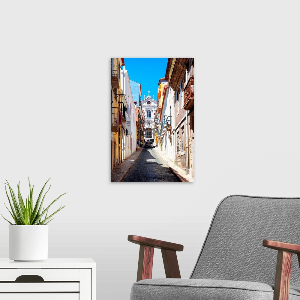 A modern room featuring It's typical street of Lisbon with colourful facades in Portugal.