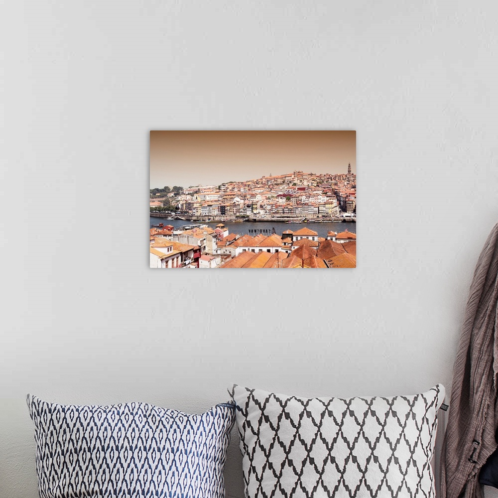 A bohemian room featuring It's a landscape picture of the city of Porto (Portugal) at sunset along the Douro River and the ...