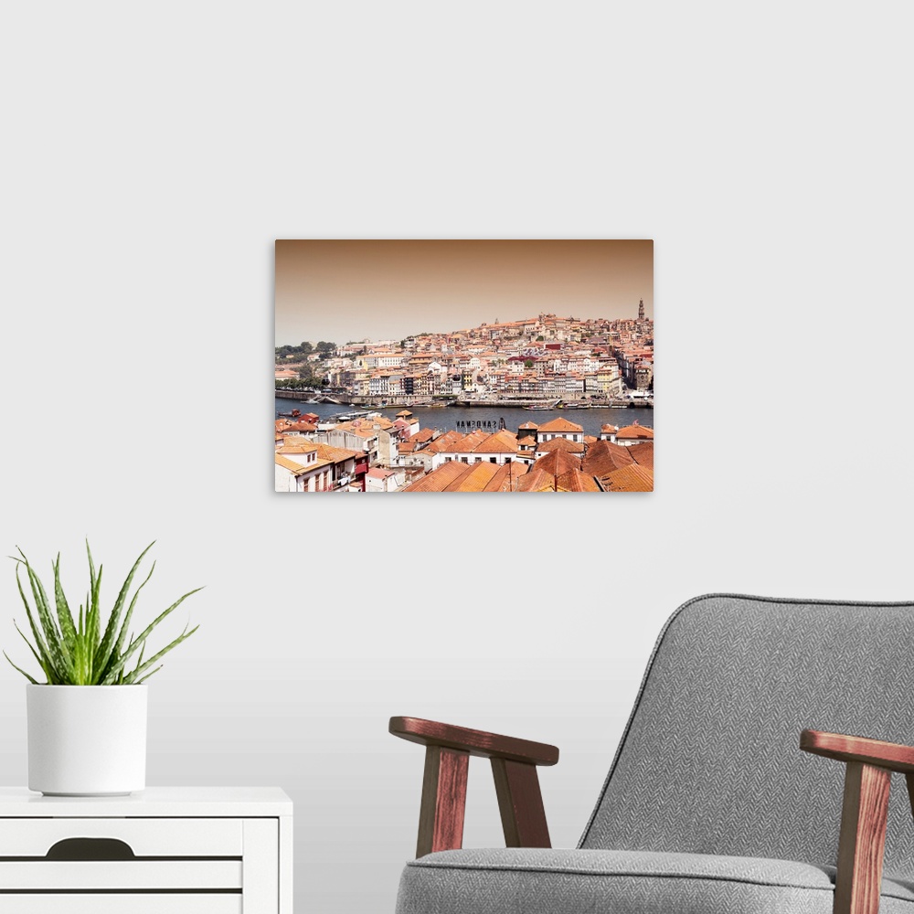 A modern room featuring It's a landscape picture of the city of Porto (Portugal) at sunset along the Douro River and the ...