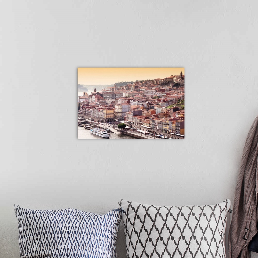 A bohemian room featuring It's a landscape picture at sunset of the city of Porto (Portugal) along the Douro River and the ...