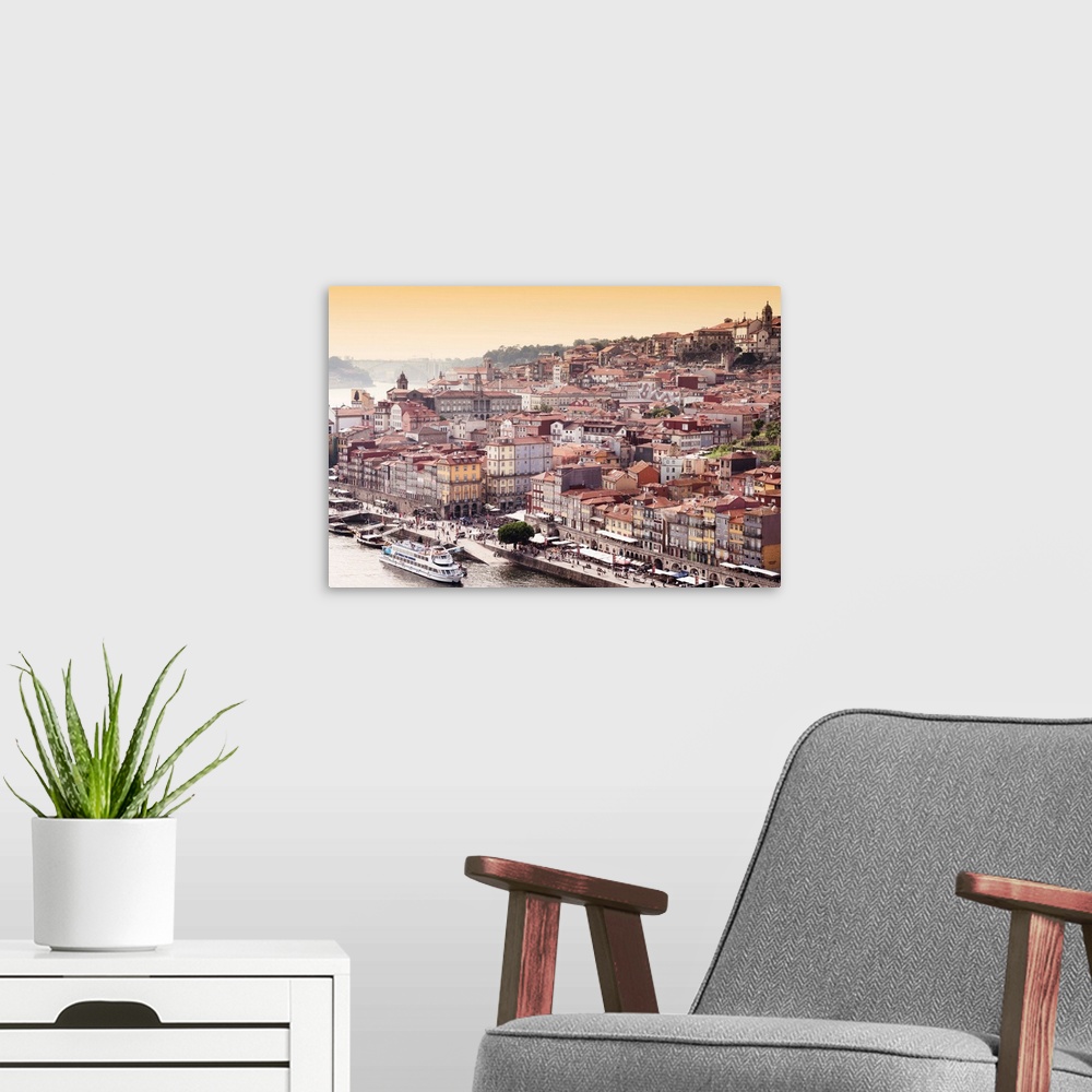 A modern room featuring It's a landscape picture at sunset of the city of Porto (Portugal) along the Douro River and the ...