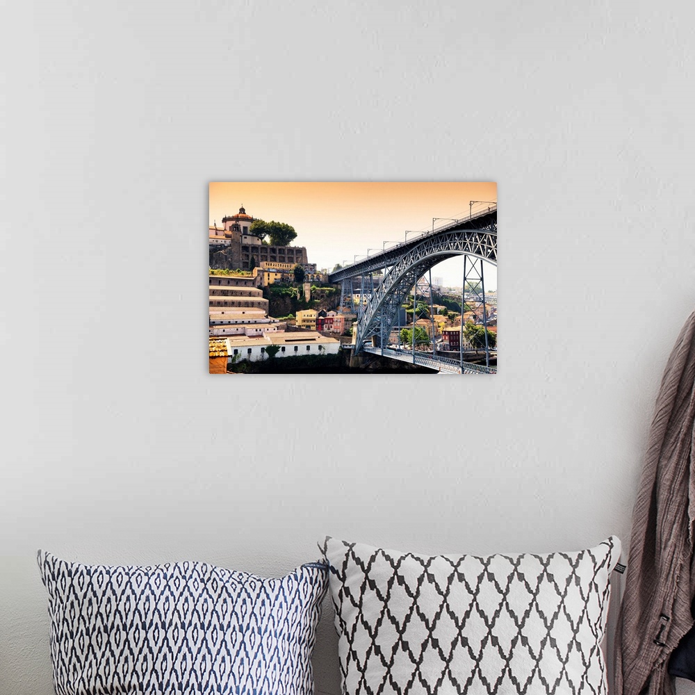 A bohemian room featuring It's a landscape picture at sunset of the city of Porto (Portugal) with the Dom Luis bridge.