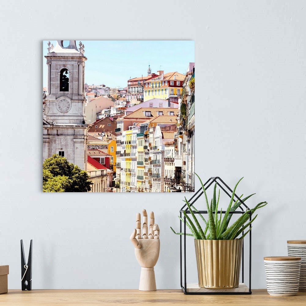 A bohemian room featuring It's a beautiful view of a street in Lisbon with colorful facades in Portugal.
