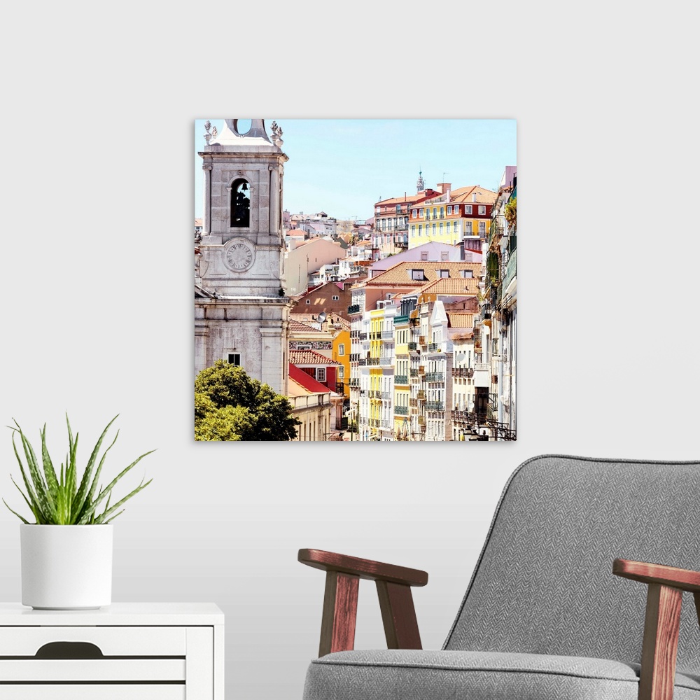 A modern room featuring It's a beautiful view of a street in Lisbon with colorful facades in Portugal.