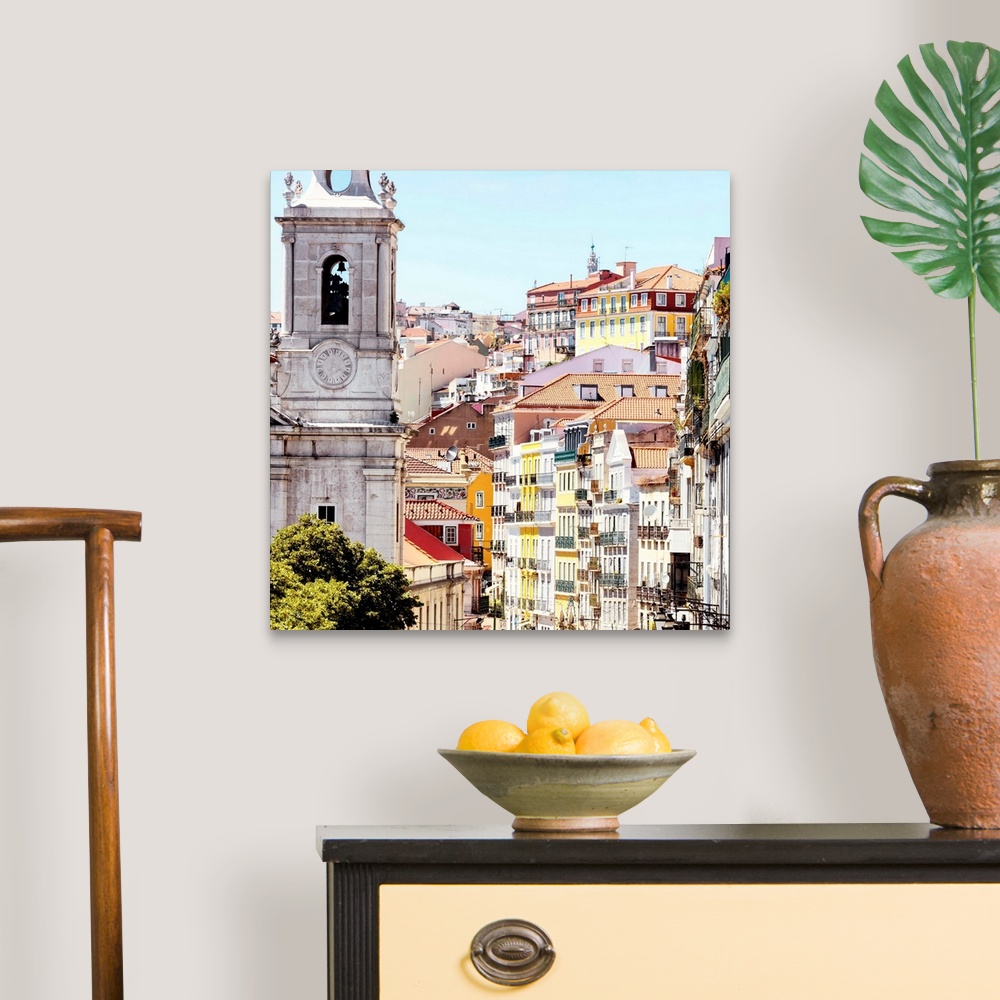 A traditional room featuring It's a beautiful view of a street in Lisbon with colorful facades in Portugal.