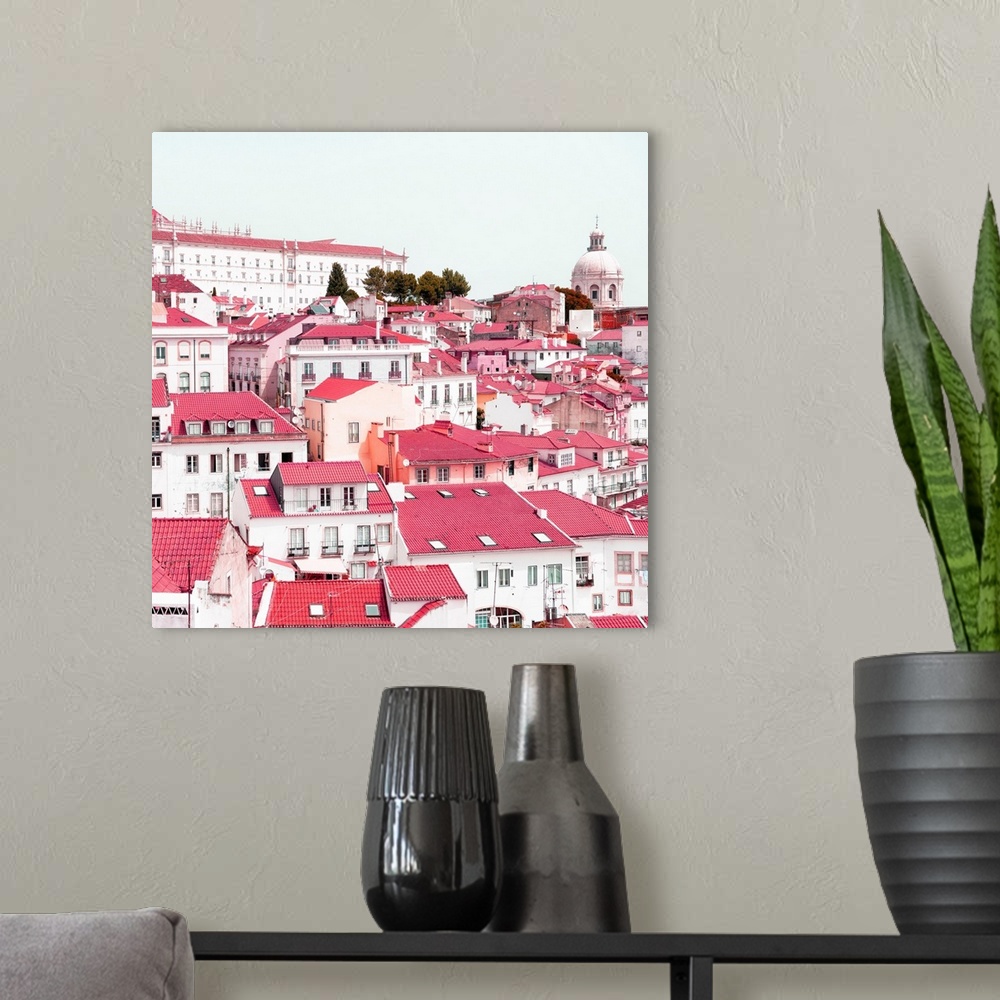 A modern room featuring It's a beautiful view of Lisbon's colorful rooftops and pink facades in Portugal.