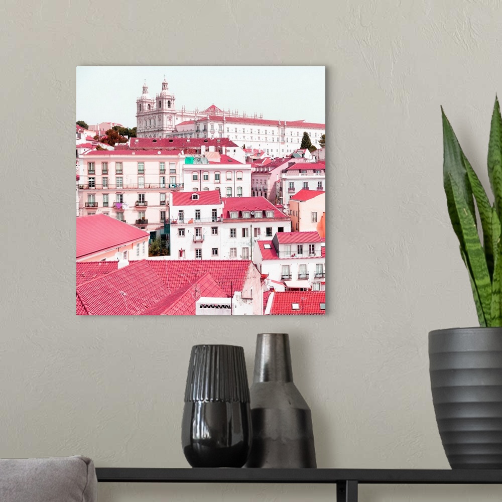 A modern room featuring It's a beautiful view of Lisbon's colorful rooftops and pink facades in Portugal.
