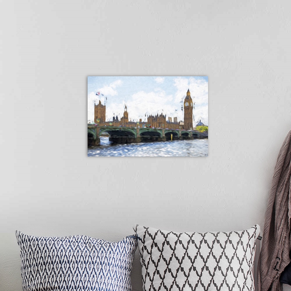 A bohemian room featuring Photograph of London, England with a painterly effect.