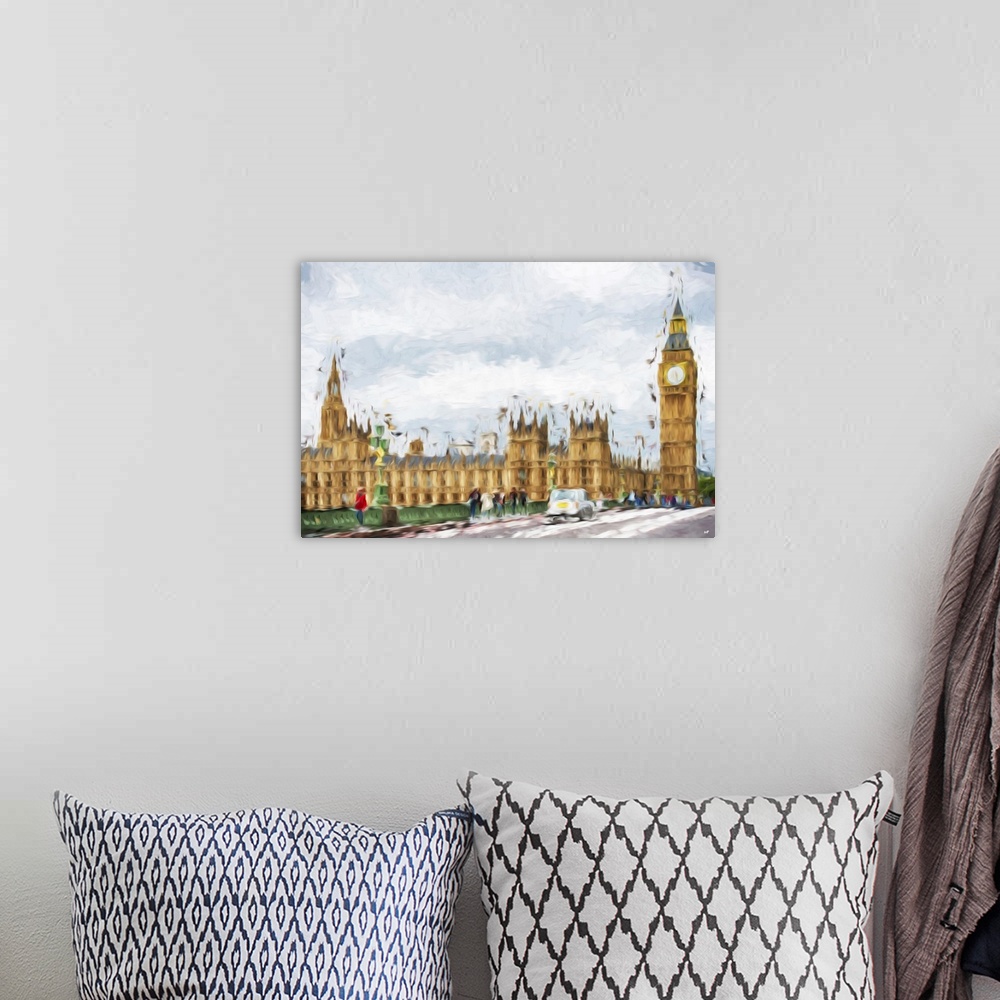 A bohemian room featuring Photograph of London, England with a painterly effect.