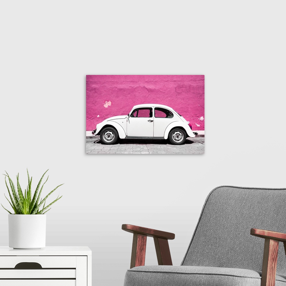 A modern room featuring Photograph of a class white Volkswagen Beetle parked in front of a bright pink wall in Mexico. Fr...