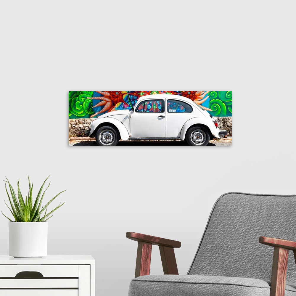 A modern room featuring Panoramic photograph of a classic white Volkswagen Beetle parked in front of a colorful wall full...