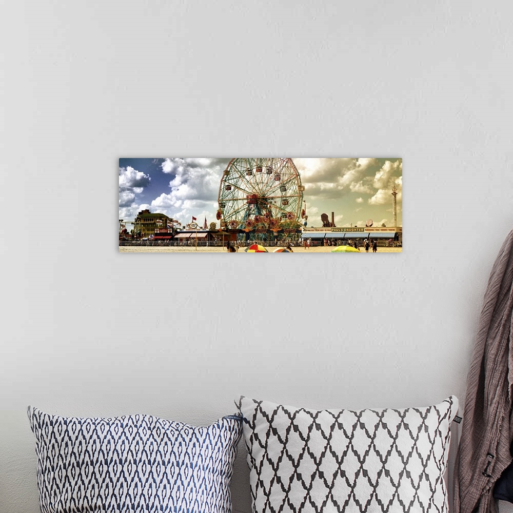 A bohemian room featuring Panoramic photo of the large ferris wheel at Coney Island theme park in New York.