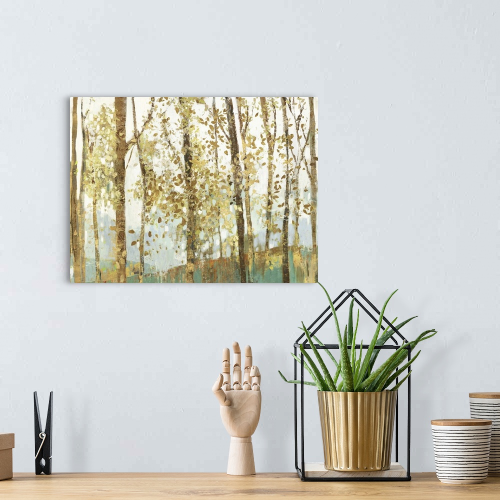 A bohemian room featuring Contemporary painting of a forest of thin trees speckled with golden leaves.