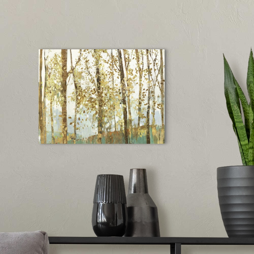 A modern room featuring Contemporary painting of a forest of thin trees speckled with golden leaves.