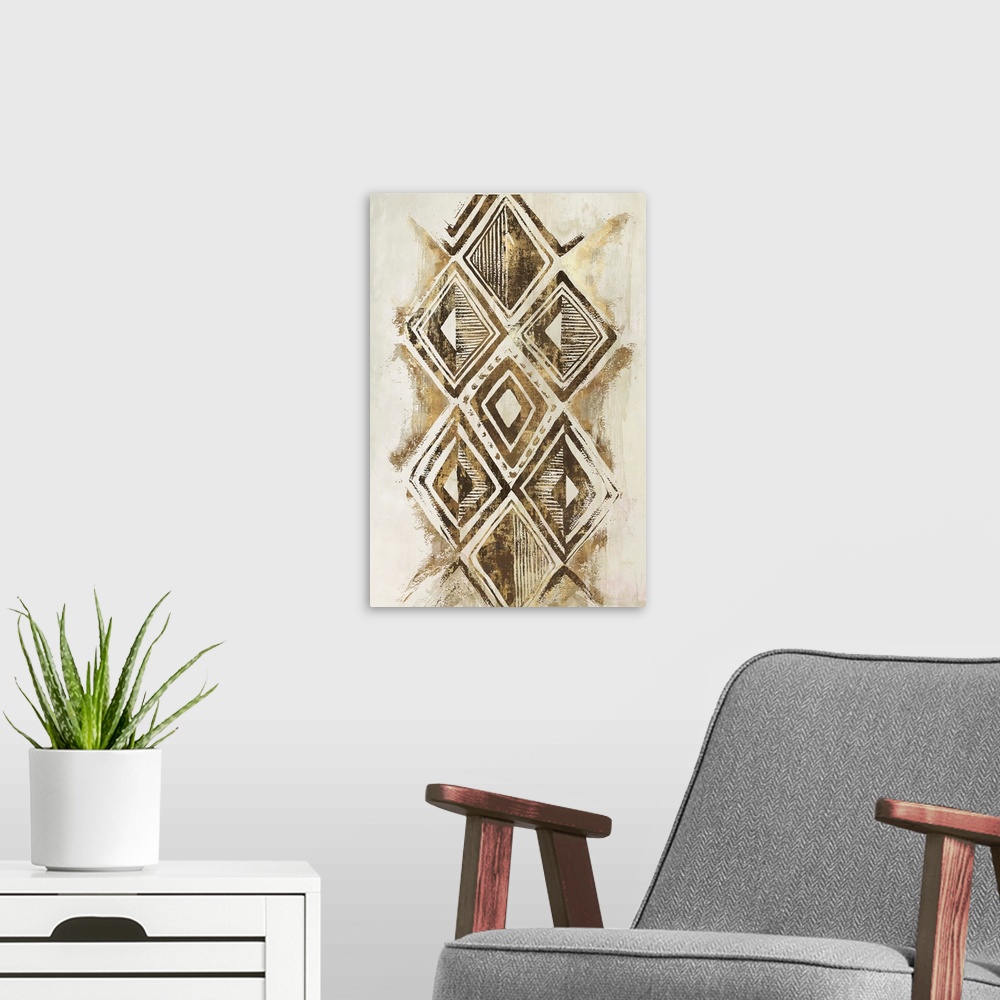 A modern room featuring Vertical abstract art with decorative metallic gold geometric diamond shapes on a light gold and ...