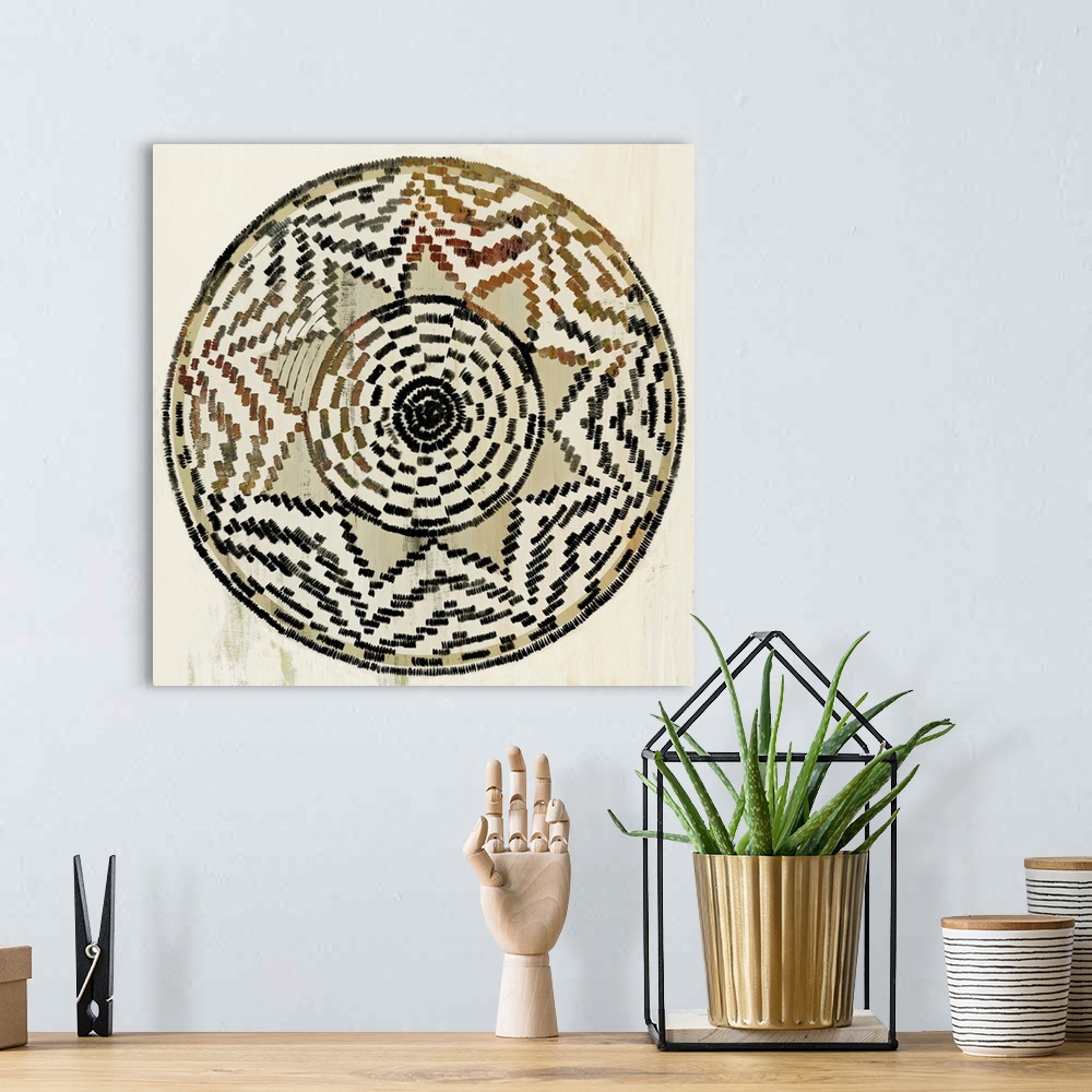 A bohemian room featuring Africa-inspired radial pattern in warm earth tones.