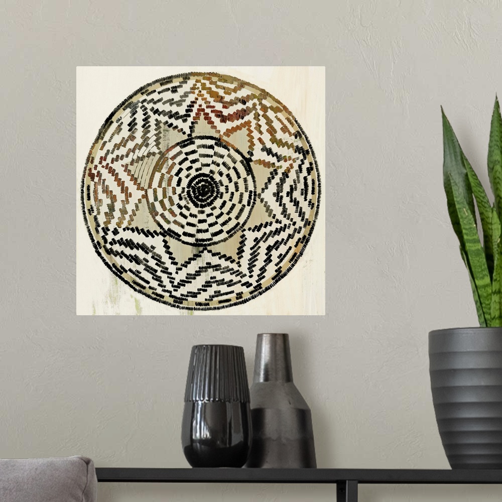 A modern room featuring Africa-inspired radial pattern in warm earth tones.