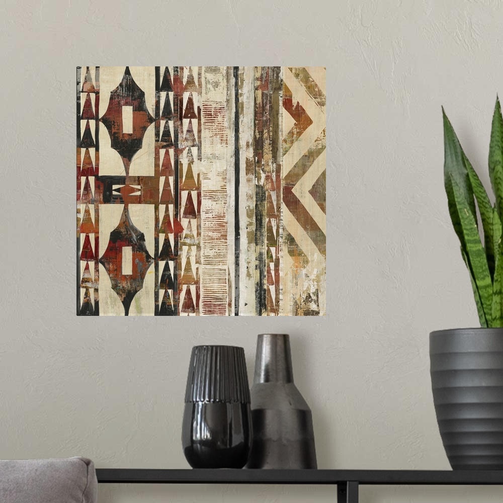 A modern room featuring Africa-inspired pattern in warm earth tones.