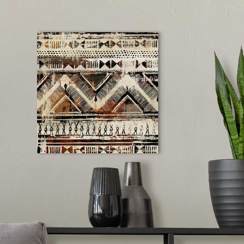 A modern room featuring Africa-inspired pattern in warm earth tones.