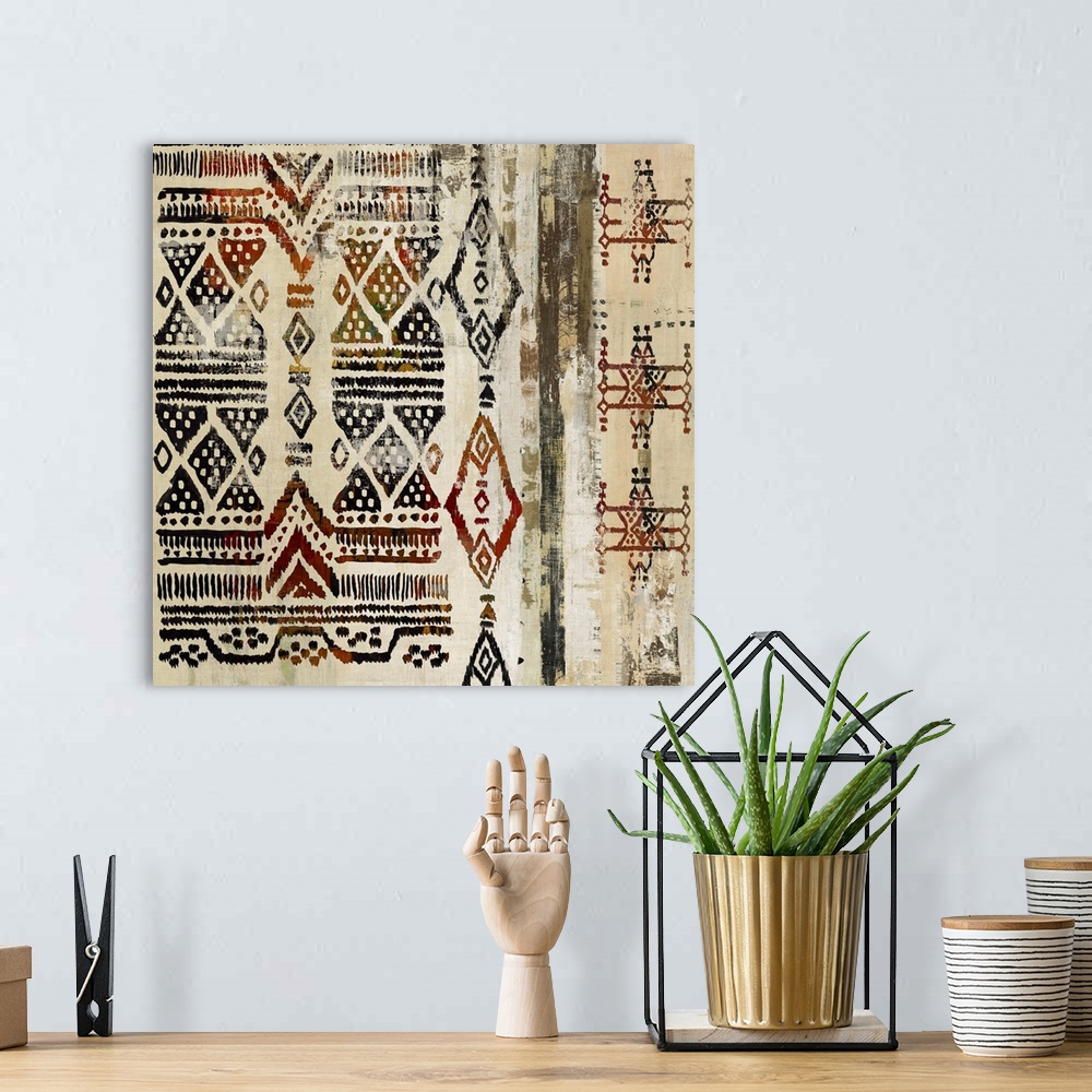 A bohemian room featuring Africa-inspired pattern in warm earth tones.