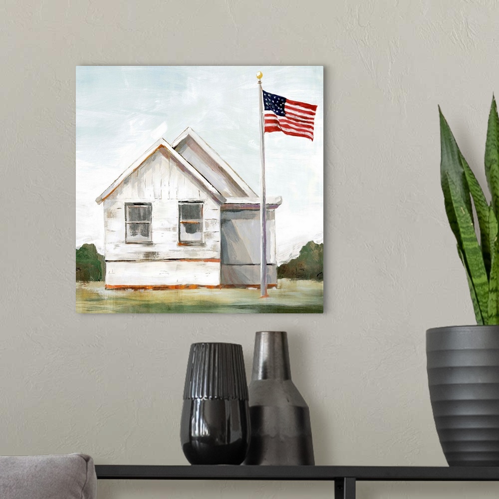 A modern room featuring American Flag