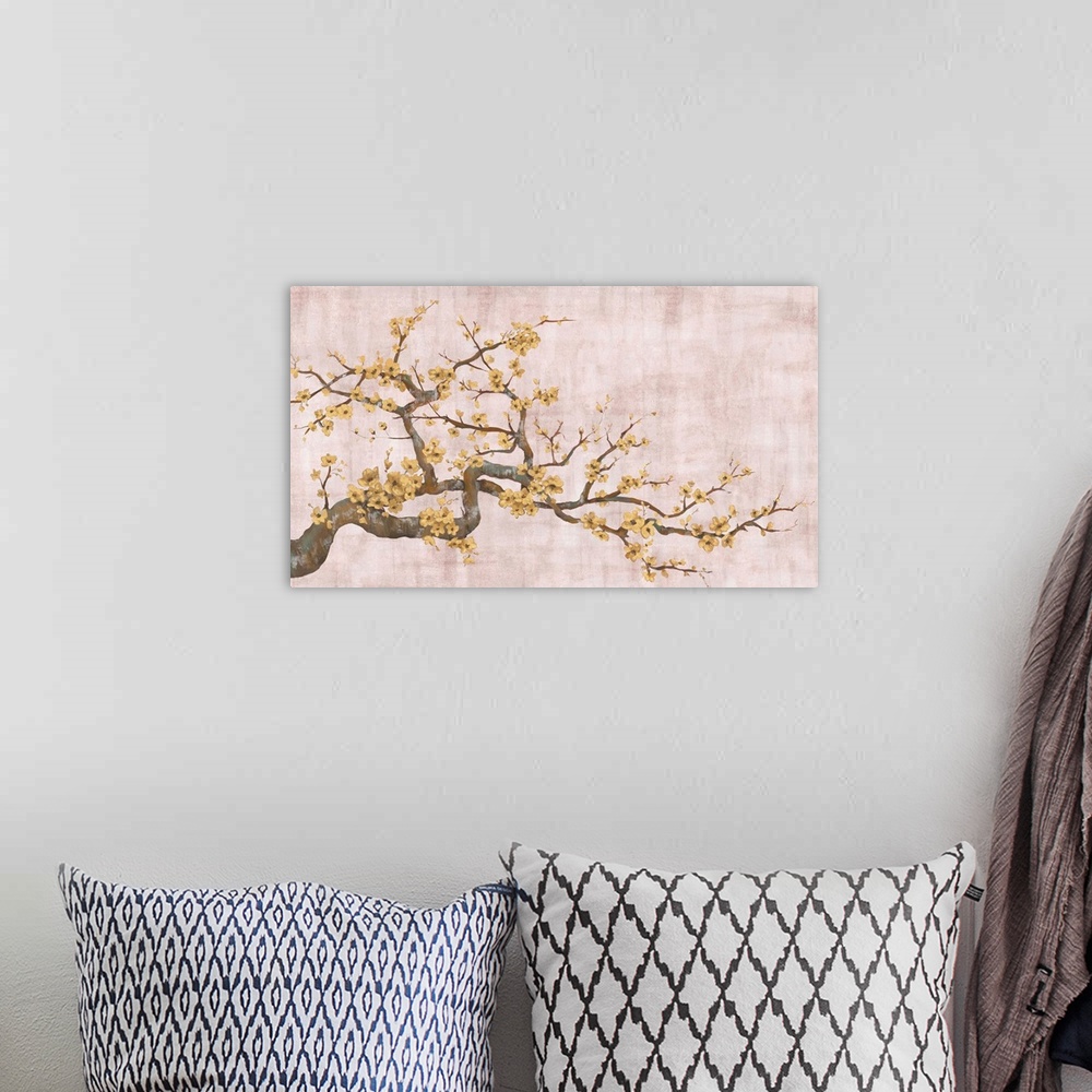A bohemian room featuring Contemporary artwork of a tree branch with gold blossoms on a background created with shades of p...